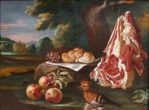 Antonio Rasio (Brescia, post 1677 – ante 1699), Still Life with Bread and Salami, Meat, Fruit and a Hoopoe in a Landscape